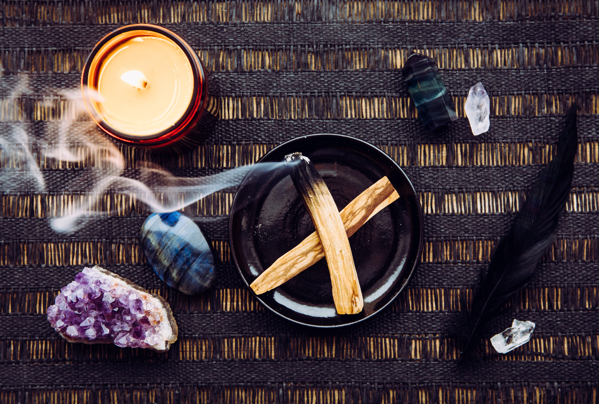 Smoldering Palo Santo Smudge and Crystals